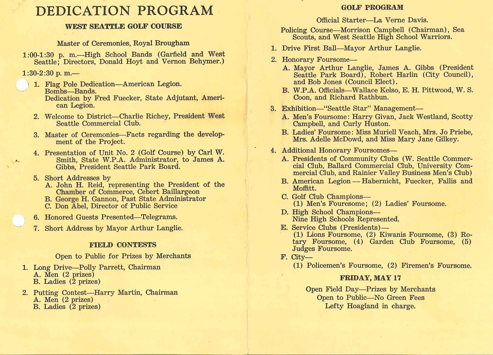 West Seattle Golf Course Dedication Opening Day Program